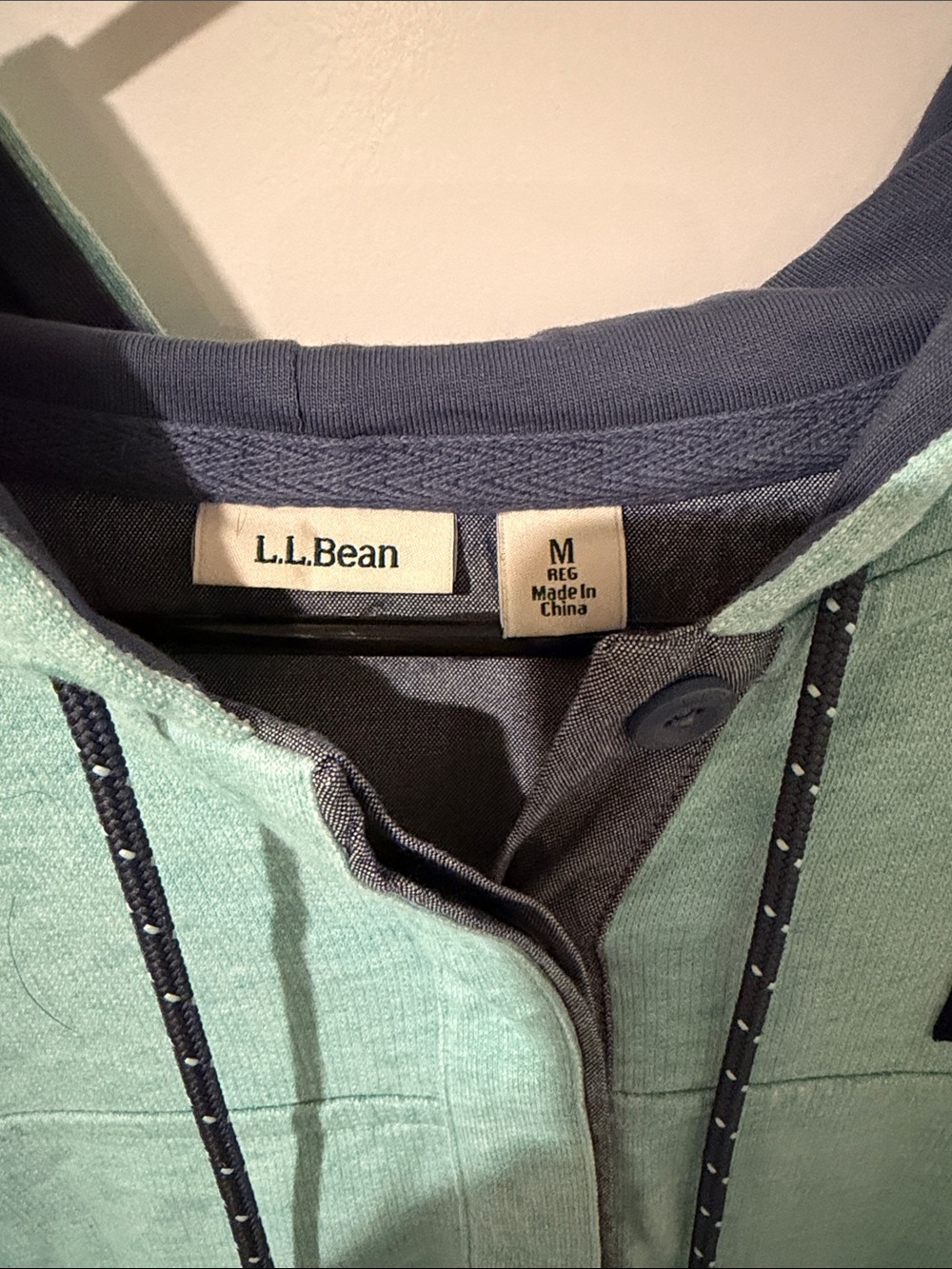 L.L. Bean Seafoam Green Hooded Pullover with Navy Trim - Picture 2 of 3
